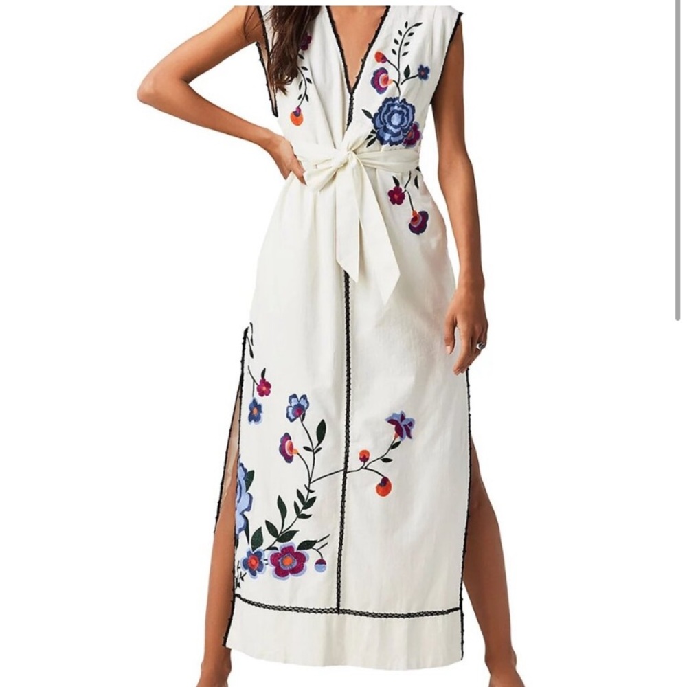 Free People Floral Embroidered Tie Waist Bo Dress